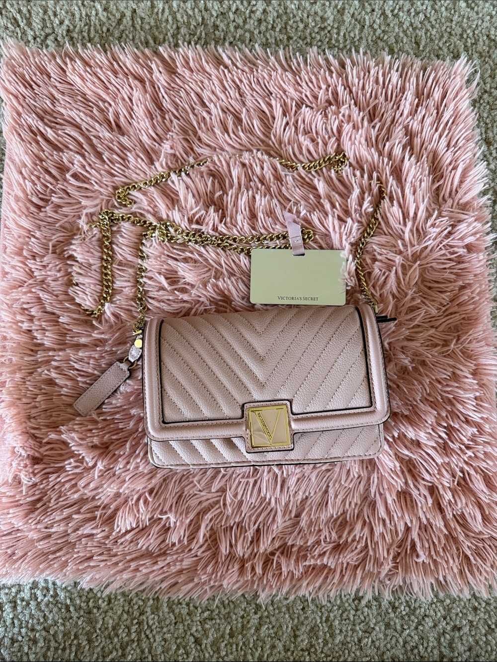 Victoria's Secret Pale Pink Quilted Mini-V Crossbody with Gold Chain